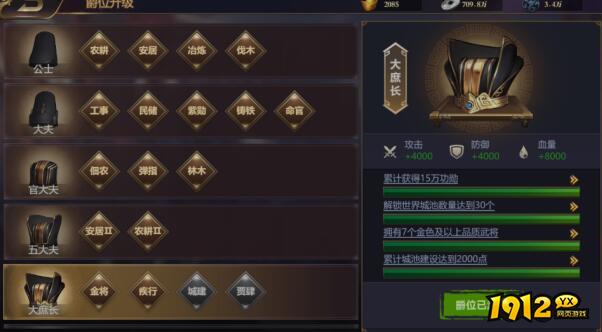 《铜雀三国》主城爵位 《铜雀三国》主城爵位